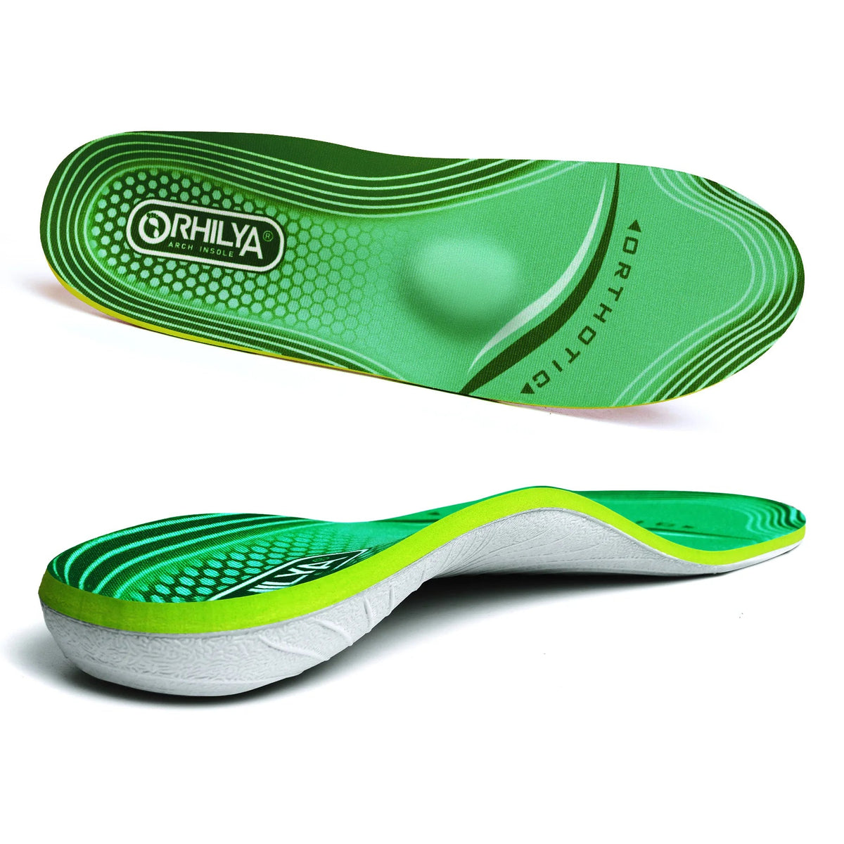 Preformed orthopedic insole showing arch support structure from the side