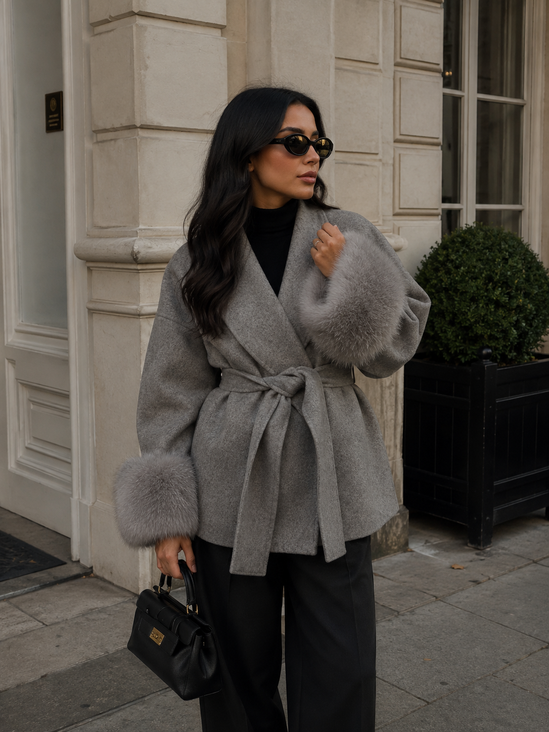 Celeste women's wool short coat with fox fur trim in gray