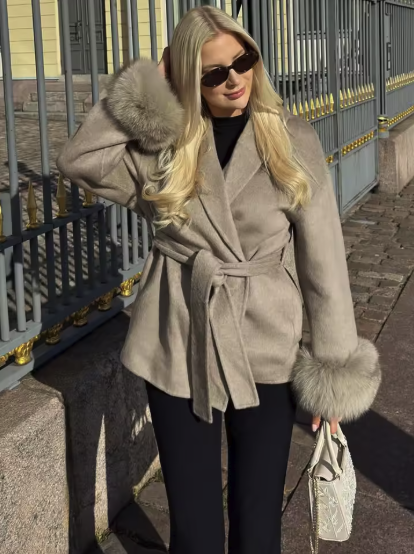 Women's elegant wool coat with A-line cut in white - full length view