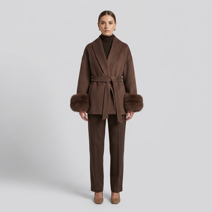 Women's luxury short wool coat with fur trim in sand - rear view