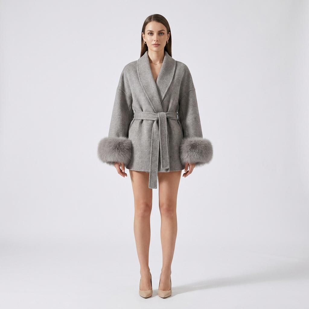 Celeste women's wool coat fox fur trim detail on collar in brown