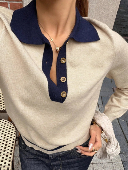 Sutton women's color block knit polo top in khaki with navy collar, slim fit