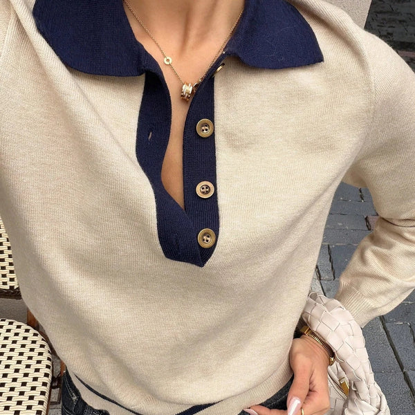 Sutton | Women's Color Block Knit Polo Top | Slim Fit, Long Sleeve & Ribbed Knit