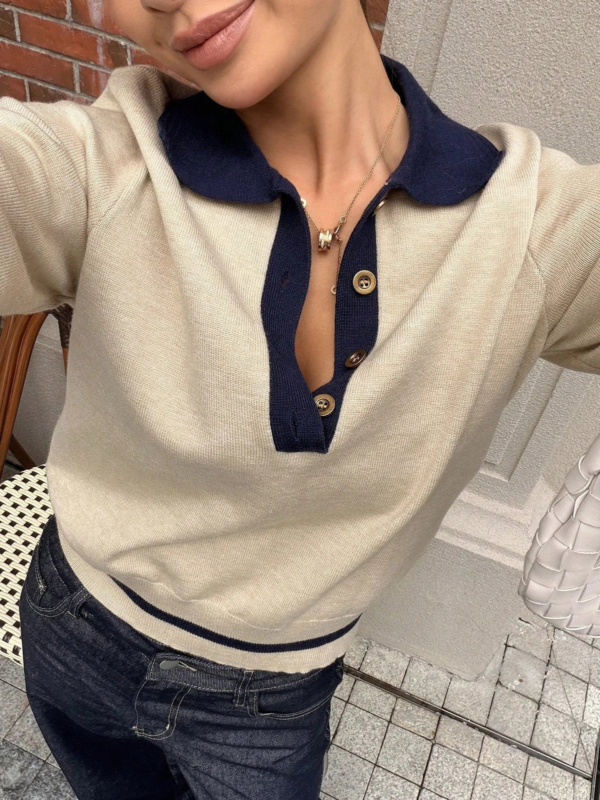 Color block long sleeve knit polo top for women — front view, slim fit silhouette