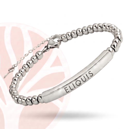Meridian Eliquis medical alert bracelet in silver stainless steel on a white background