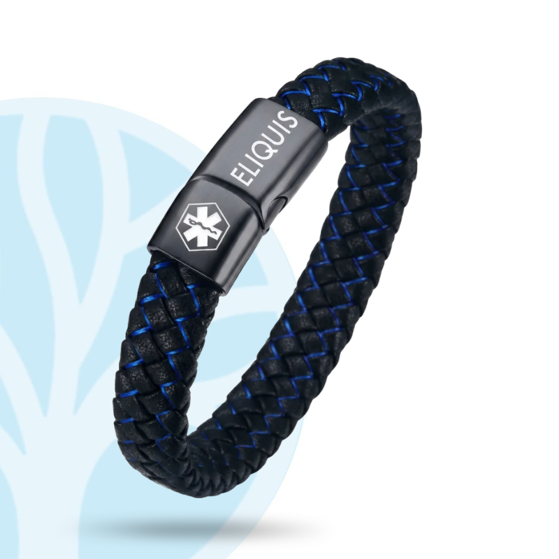 Calder Eliquis medical alert bracelet in stainless steel with engraved medication name
