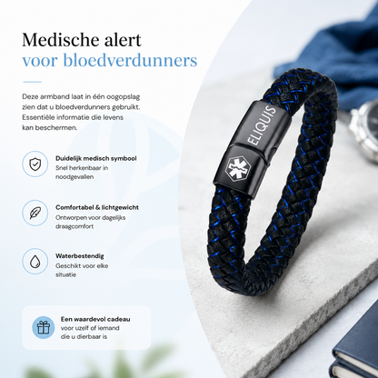Close-up of Eliquis engraving and medical symbol on stainless steel bracelet