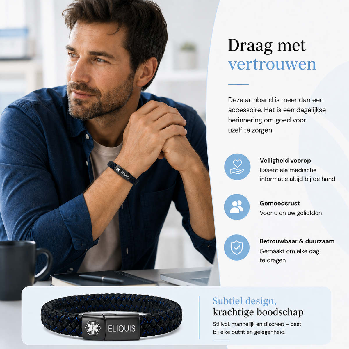 Adjustable Eliquis ID bracelet worn on wrist showing secure fit