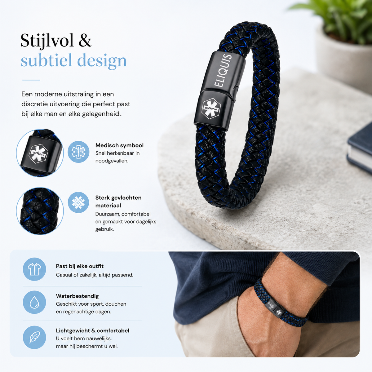 Stainless steel Eliquis alert bracelet flat lay on neutral background