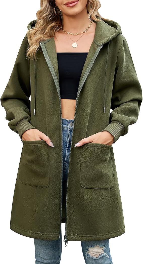 Elvienne women's long hooded cardigan in green with full zip-up front