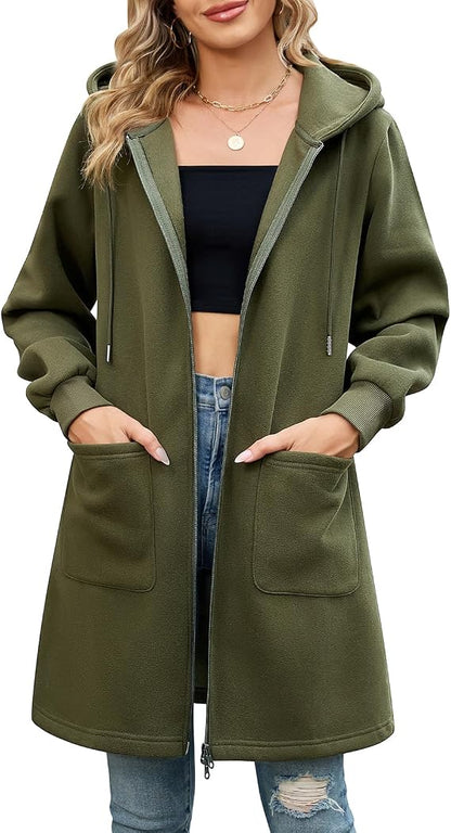 Elvienne women's long hooded cardigan in green with full zip-up front