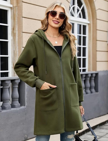 Women's long cardigan with drawstring hood in black