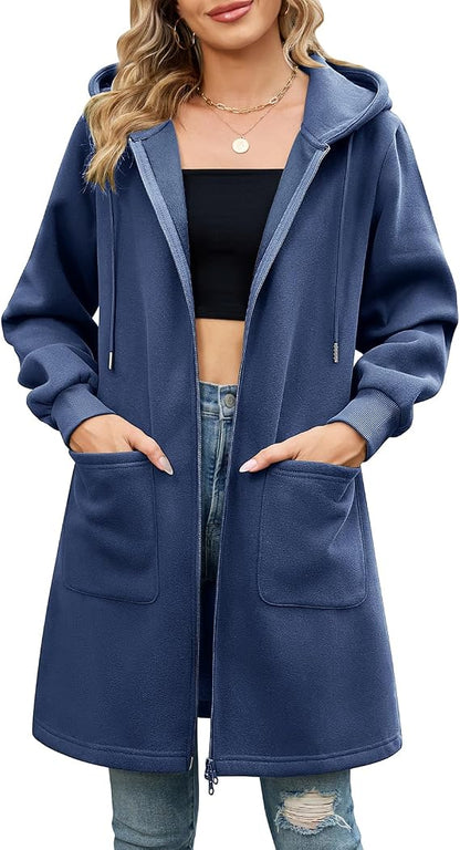 Side view of Elvienne women's long hooded cardigan showing length