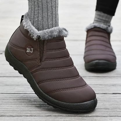 Pair of maroon and black winter comfort boots side by side