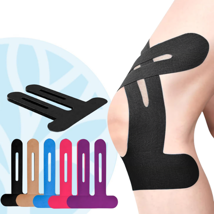 Flexon pre-cut knee tape strips laid flat showing 25cm x 5cm size