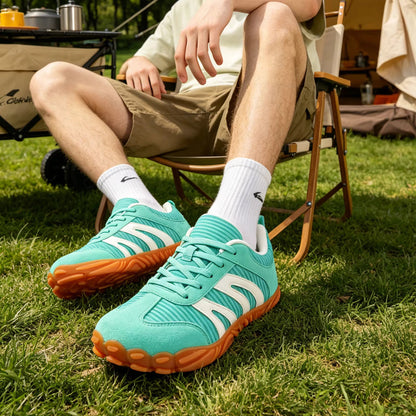 Harlow green unisex sneakers close-up of lace eyelets and tongue
