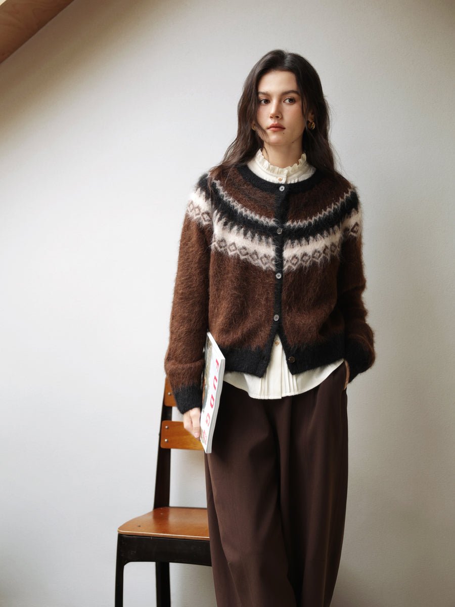 Harlowe women's knitted cardigan in royal brown with diamond jacquard pattern
