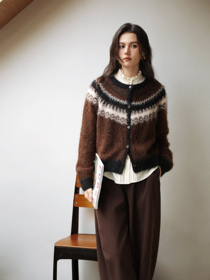 Harlowe women's knitted cardigan in royal brown with diamond jacquard pattern