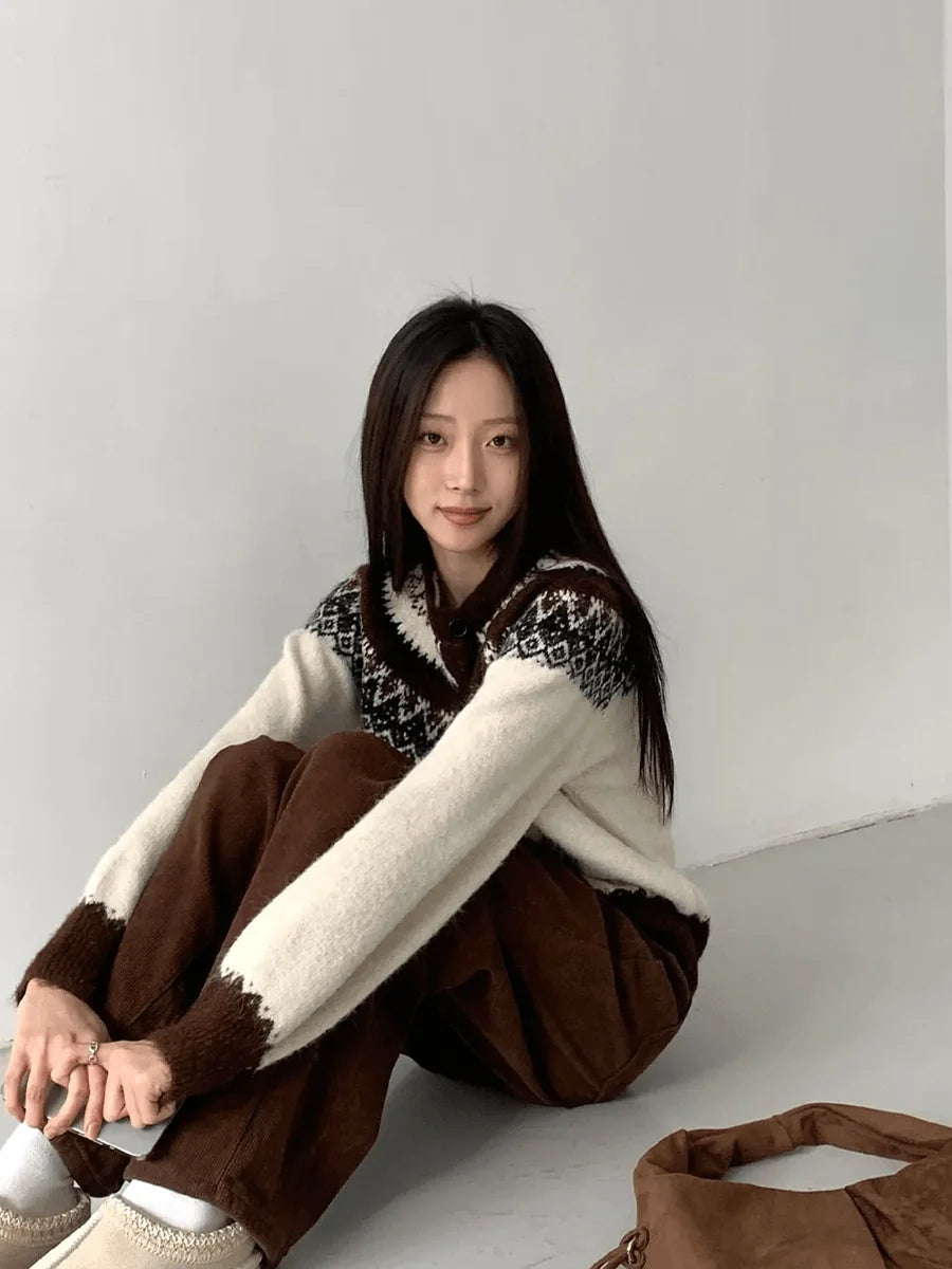 Flat lay of Harlowe knitted wool cardigan in beige and royal brown colourways