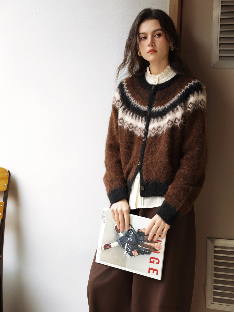 Close-up of diamond jacquard knit pattern on Harlowe women's cardigan