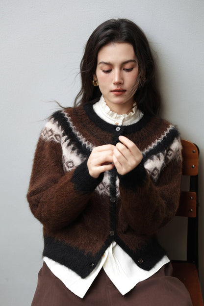 Women's regular fit knitted cardigan in royal brown — front view