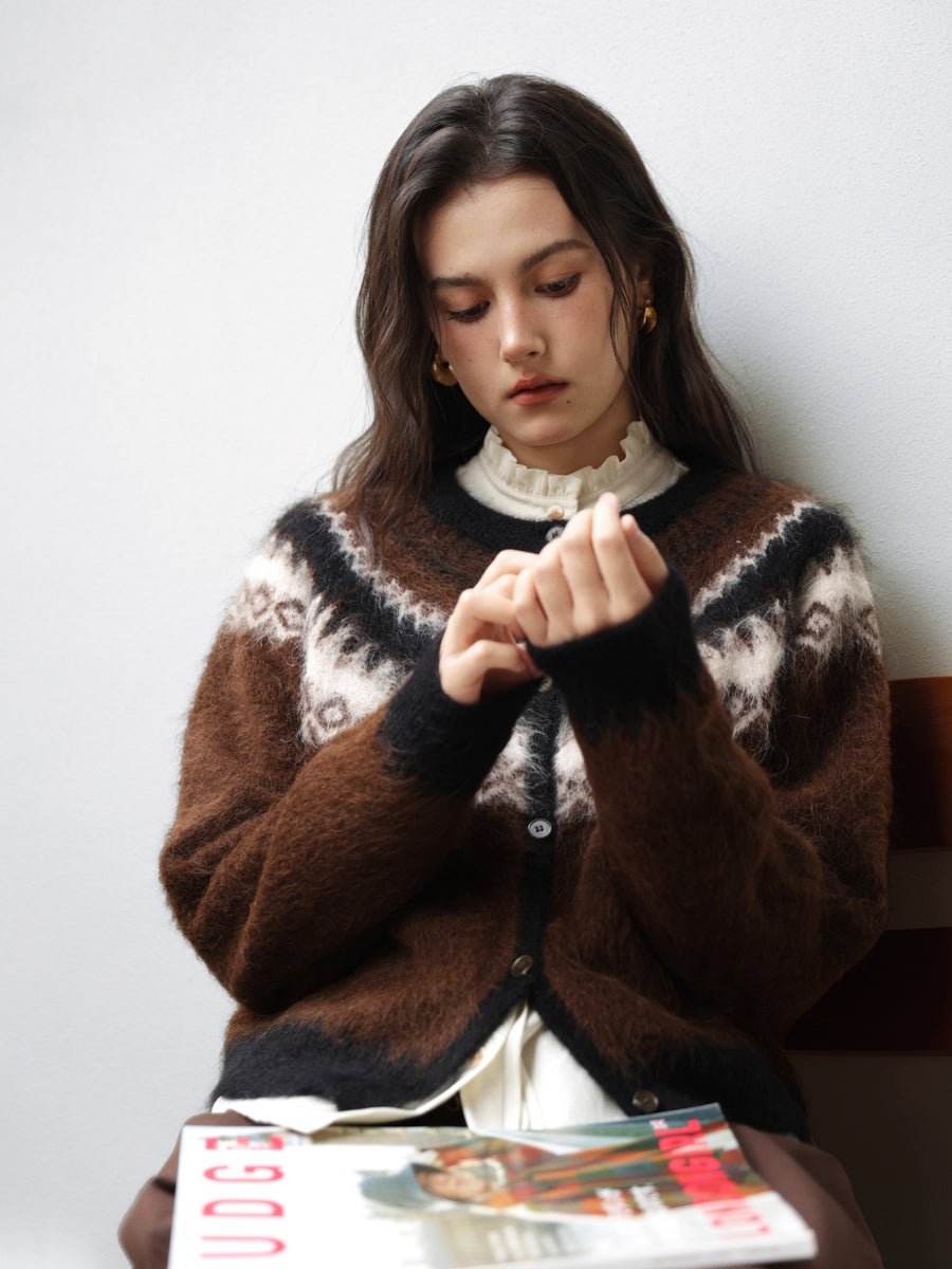 Harlowe beige wool cardigan worn over a white blouse for office styling
