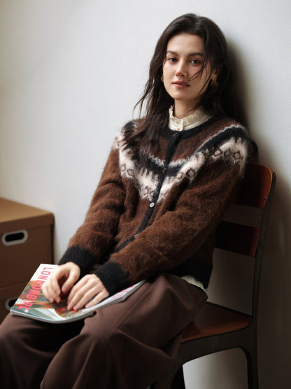 Side view of women's medium-thickness knitted cardigan with raglan sleeves