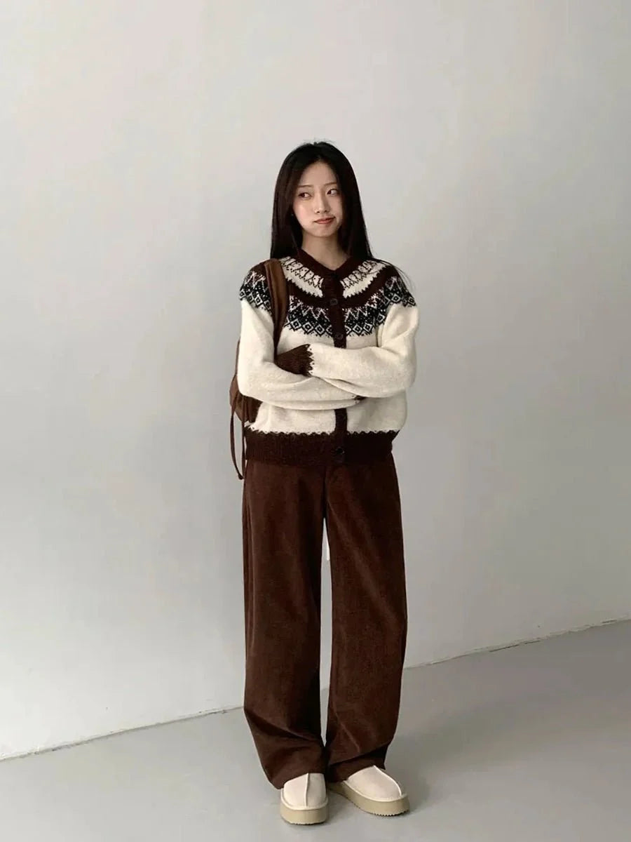 Women's knitted cardigan in royal brown — elegant autumn layering outfit