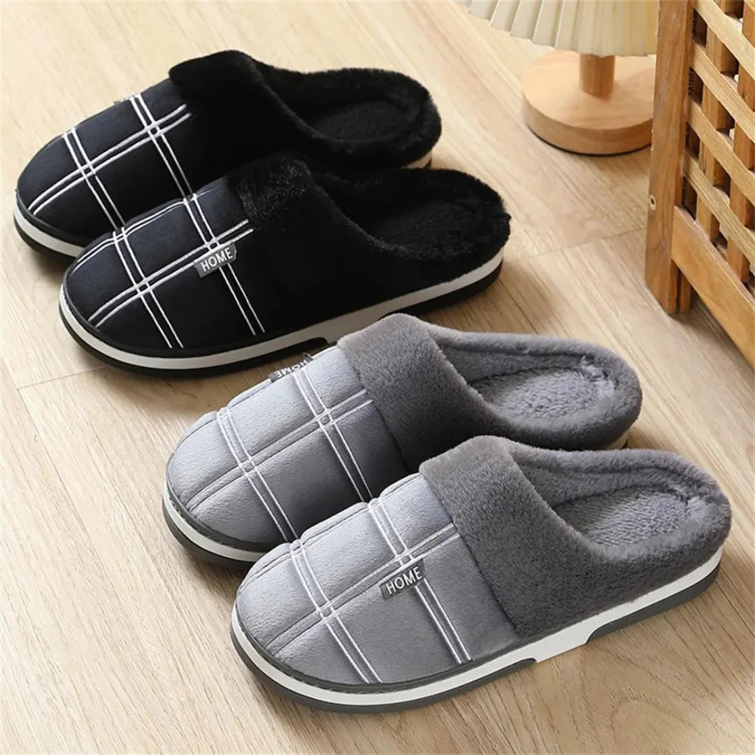 Huxley unisex plush slippers laid flat showing full pair