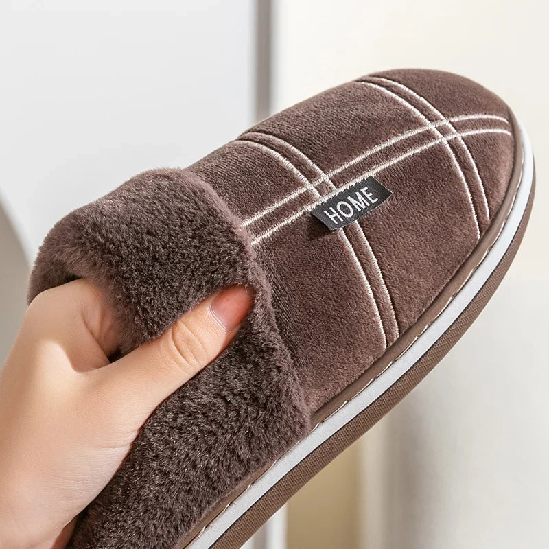 Huxley plush cotton slippers in brown shown from the side