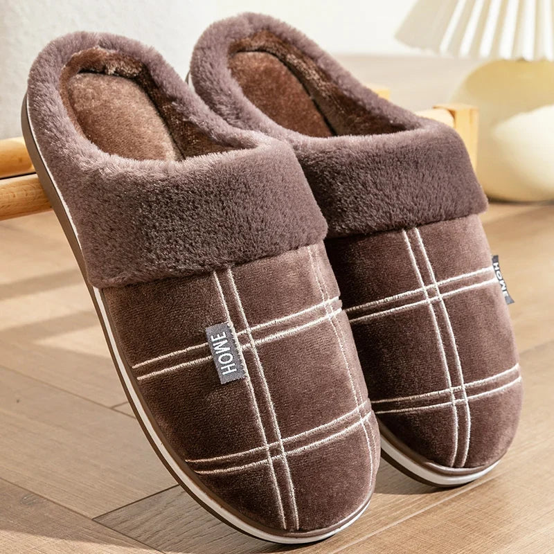 Three colour options of Huxley plush slippers: grey, brown and black