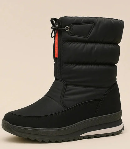 Women's insulated puffer boots black adjustable top opening detail