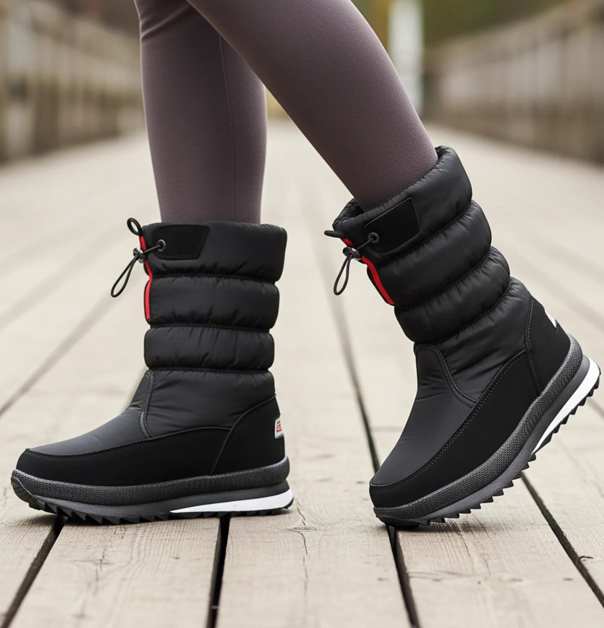 Women's puffer snow boots black side zipper pull tab close-up