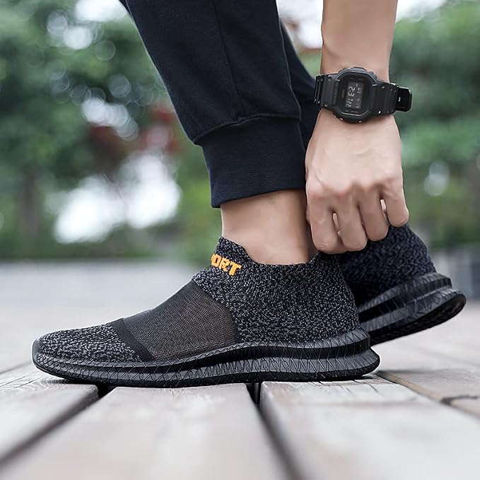 Side view of men's lightweight knit sneakers in grey