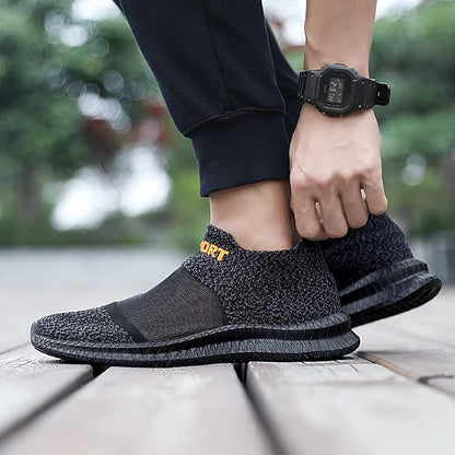 Side view of men's lightweight knit sneakers in grey