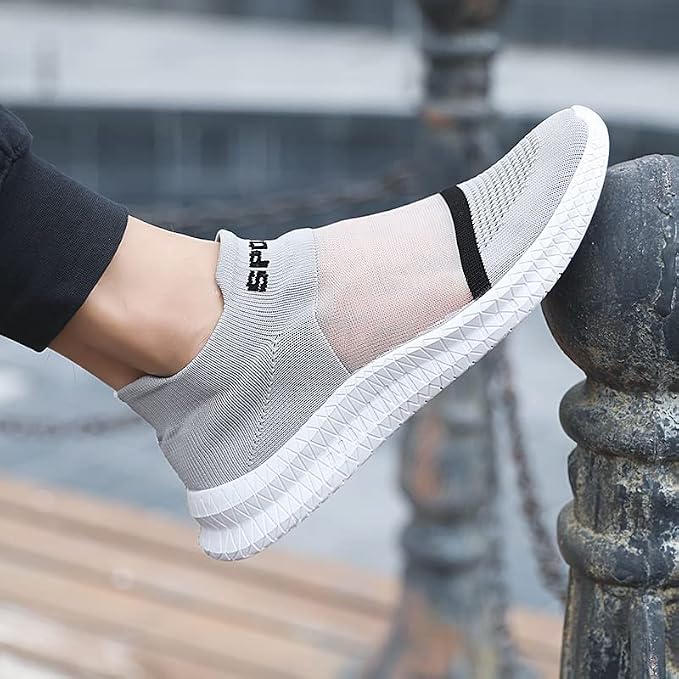 Front view of men's laceless knit sneakers with round toe