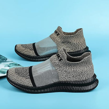 Men's pink knit slip-on sneakers on a clean background