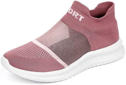 Top-down view of men's knit sneakers showing elastic slip-on construction