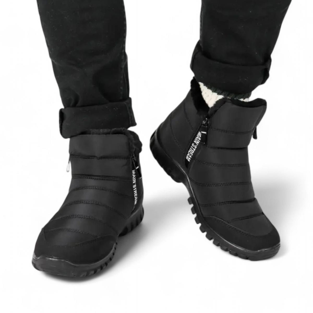 Side zipper detail on men's orthopedic winter snow boots