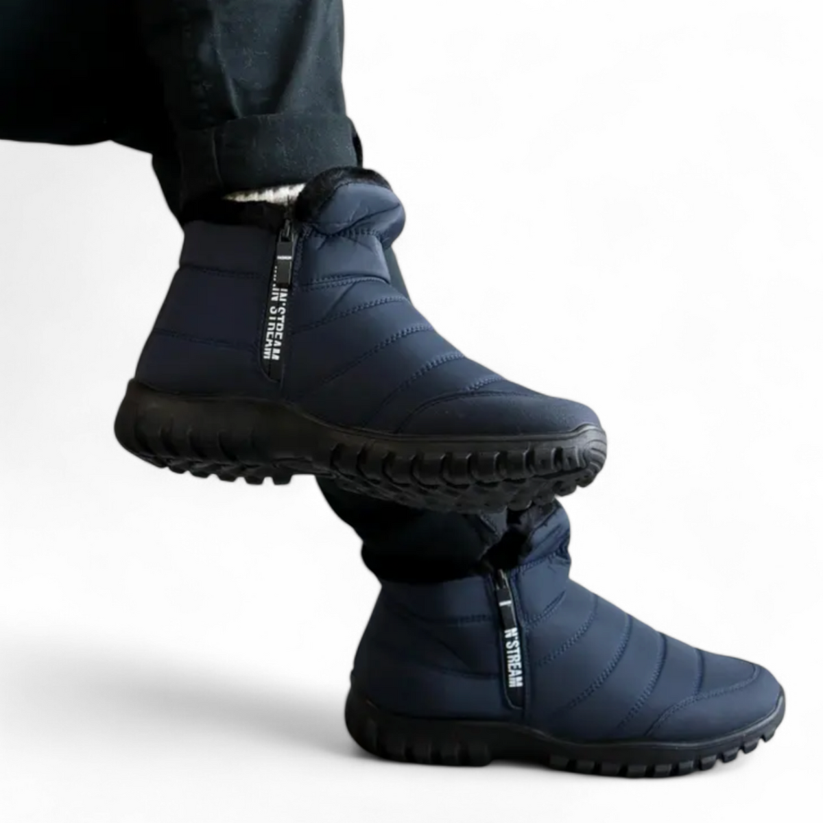 Men's high-top snow boots with anti-slip grip sole close-up