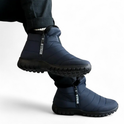 Men's high-top snow boots with anti-slip grip sole close-up