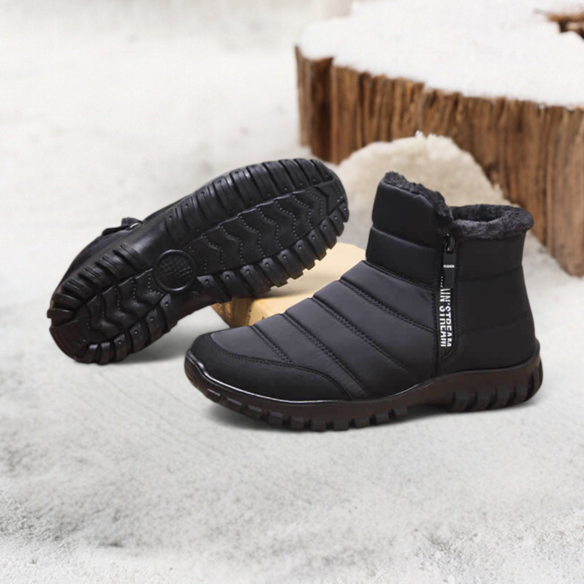 Colton orthopedic boots black shown on icy outdoor surface