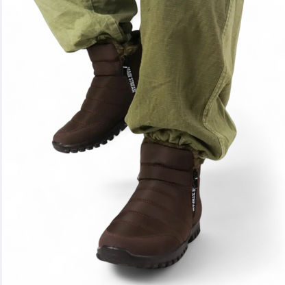 Men's orthopedic snow boots brown waterproof upper close-up