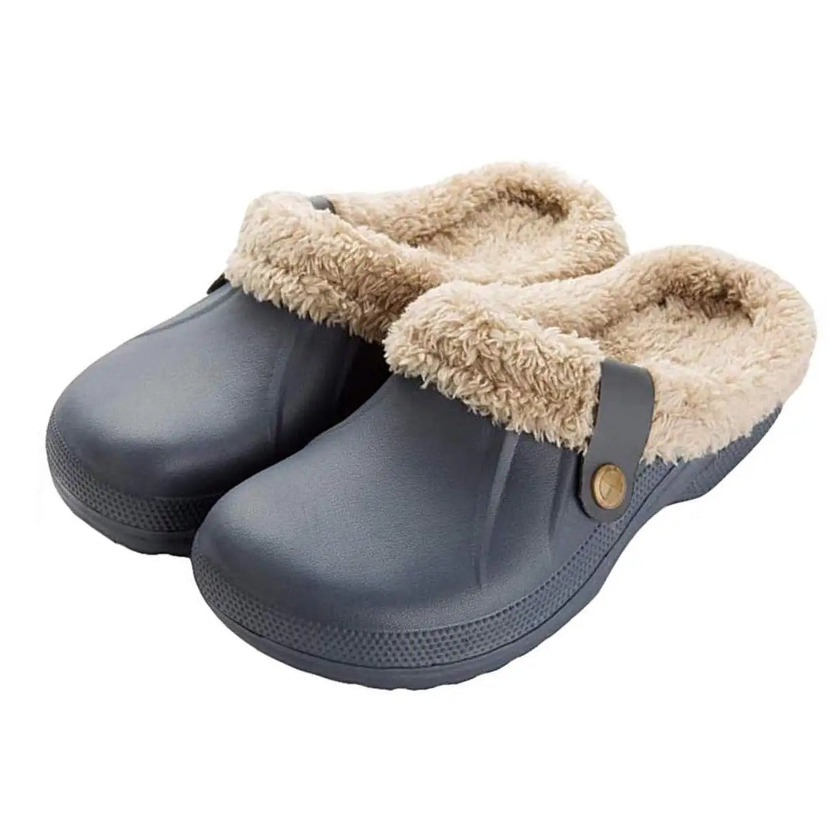 Norval winter slippers worn indoors on a wooden floor