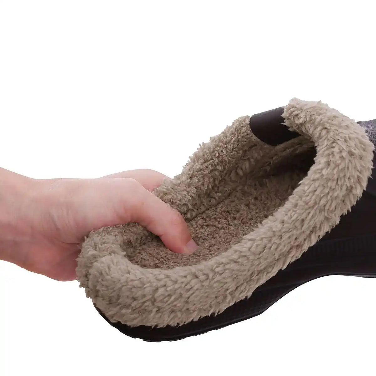 Close-up of soft short-plush lining inside Norval winter slippers