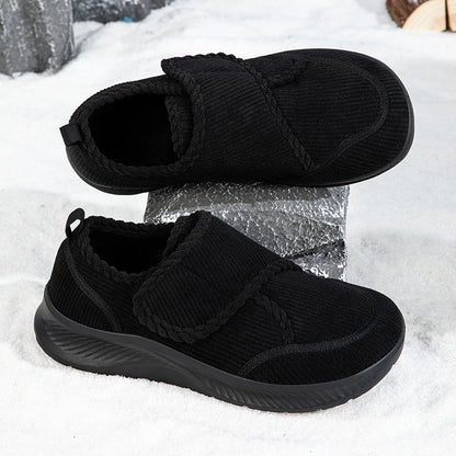 Close-up of the adjustable velcro closure on the Norwick winter walking shoes in black