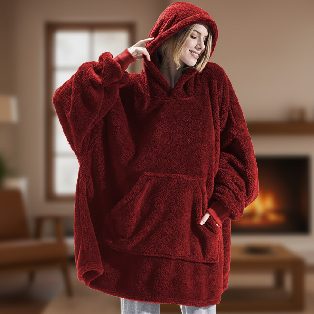 Blaine oversized fleece hoodie robe for women in black — full front view