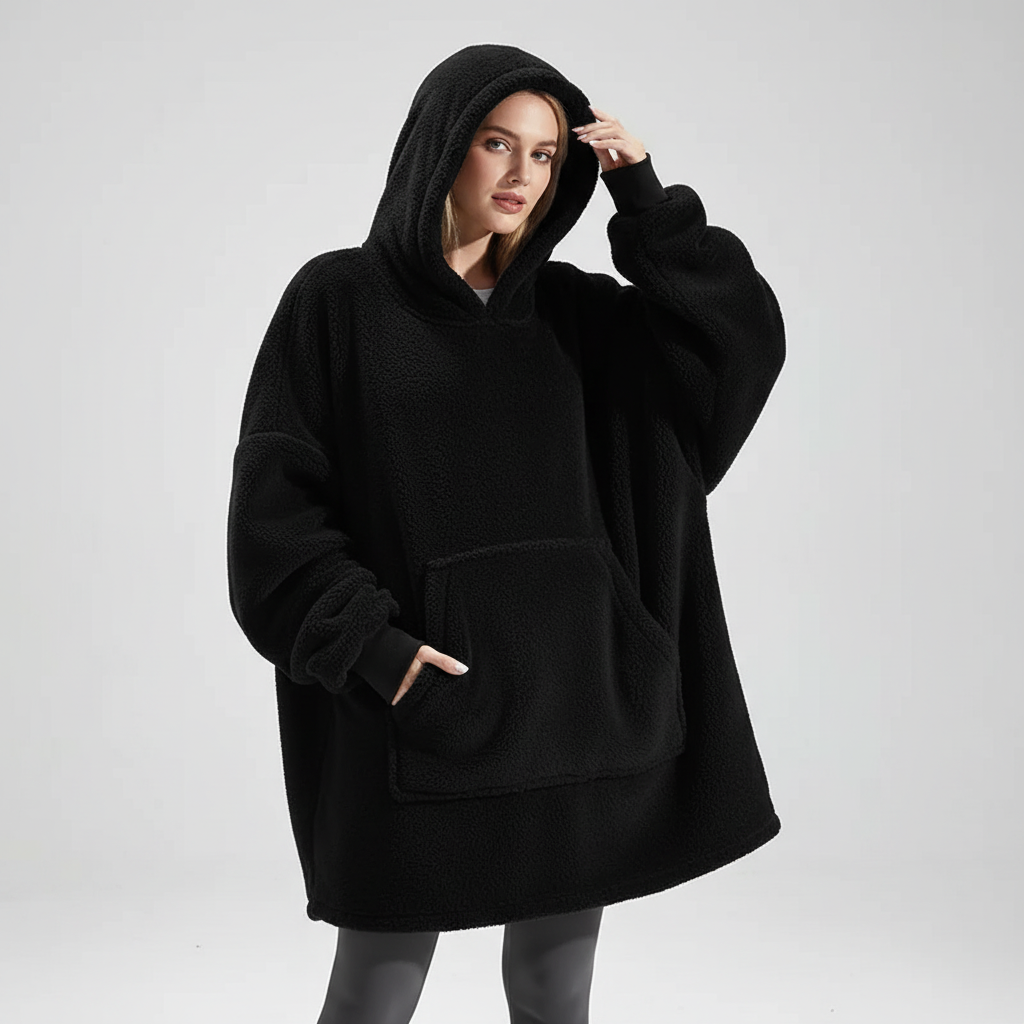Women's oversized hoodie robe in dark gray with large kangaroo pocket detail