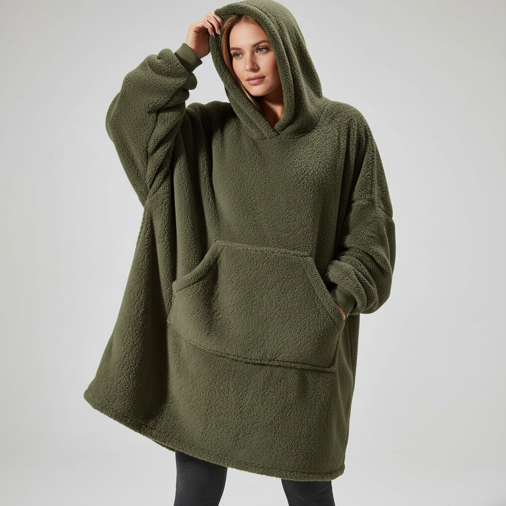 Pink women's oversized hoodie robe shown from the back — loose blanket-like fit