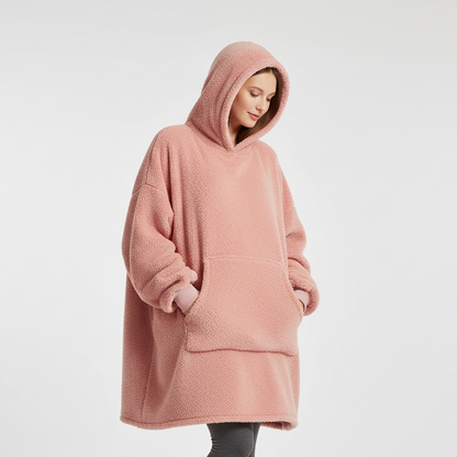 Wine red double-faced fleece hoodie robe — side profile view